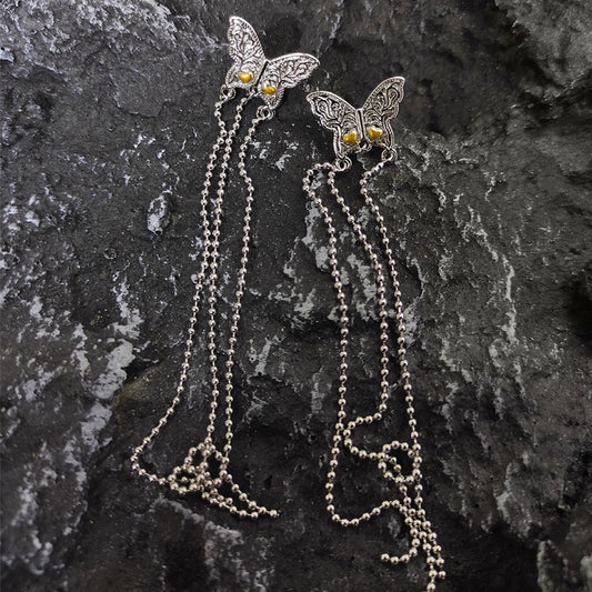 Korean Version Pure Silver S925 Silver Color-Block Butterfly Tassel Earrings for Women Fashionable Personality Light Luxury Exquisite New Style