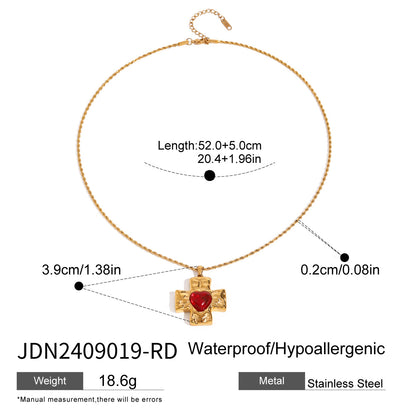 Stainless Steel Red Agate Cross Necklace Heart Pendant Collarbone Chain Titanium Steel Neck Chain Jewelry