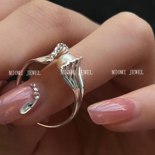 S925 Sterling Silver Beach Shell Tree Shadow Freshwater Pearl Ring for Women, Niche Design, Adjustable Open Smart Tail Ring