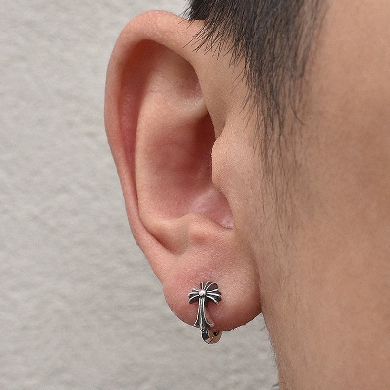 Sterling Silver S925 Cross Pendant for Men and Women Couples Trendy Punk Dongdaemun Vintage Stud Earrings Hoop Earrings