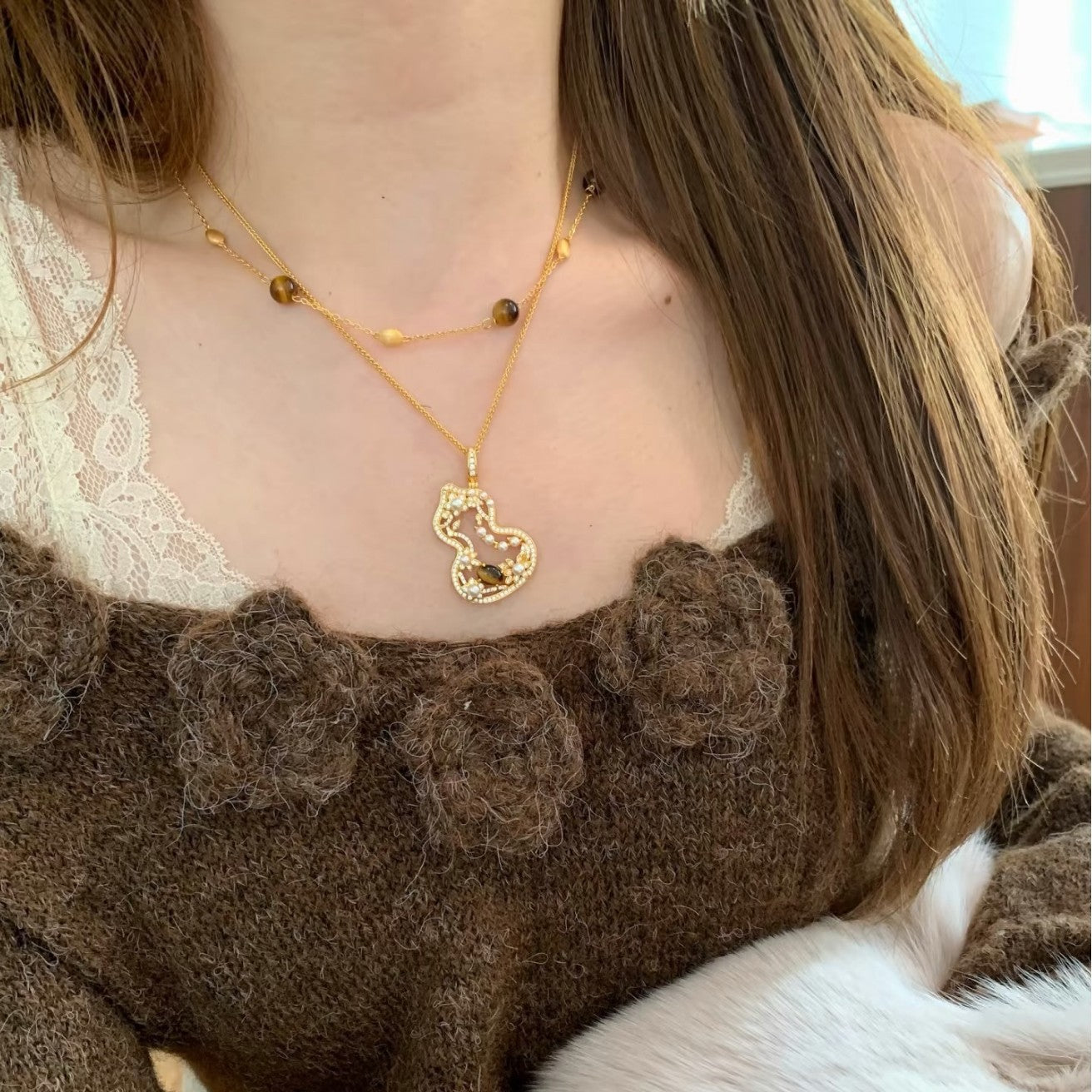 Sterling Silver S925 Autumn Winter Essential Natural Tiger Eye Pearl Gourd Necklace Earrings Set Light Luxury High-end Niche Versatile