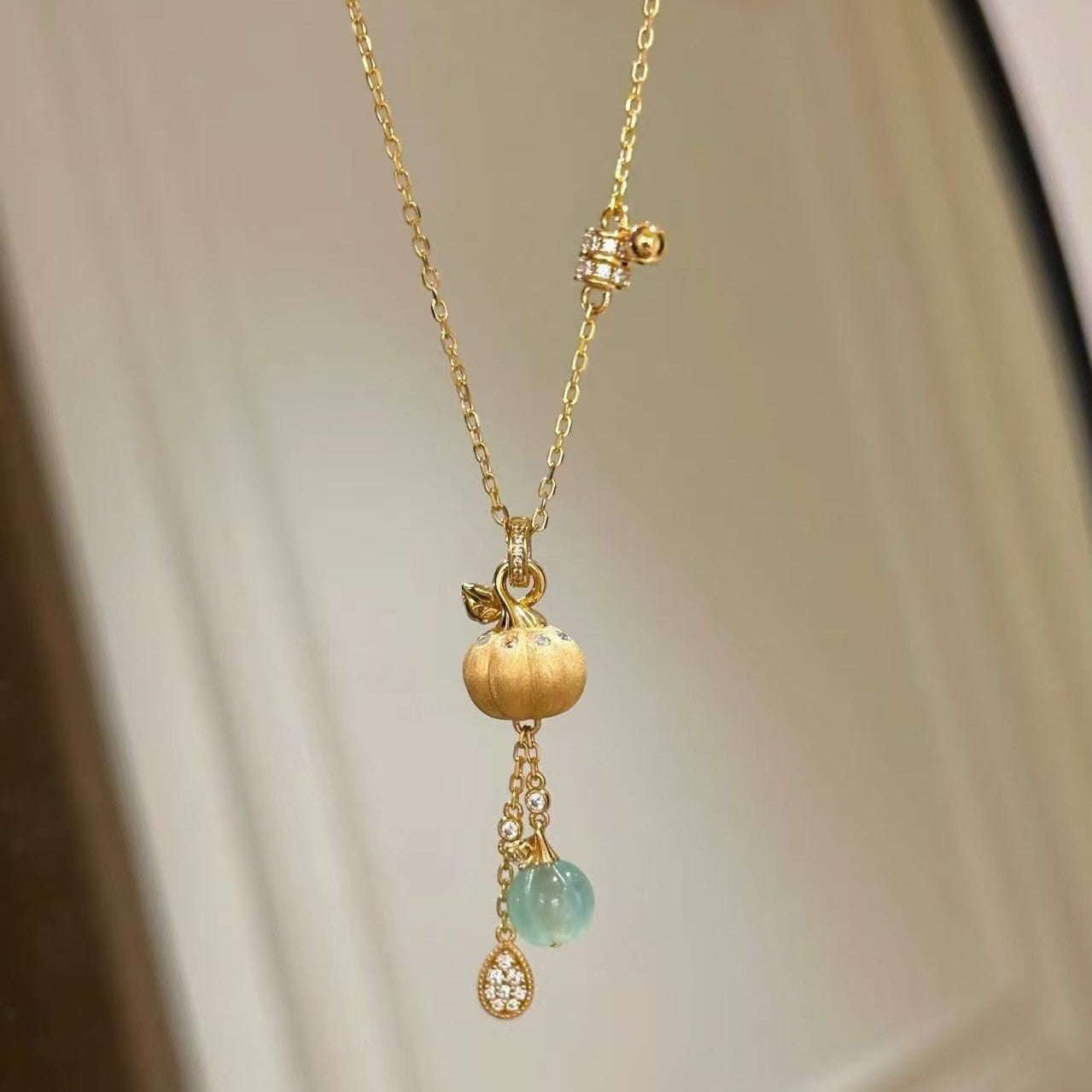 Pure Silver S925 Brushed Craft Pumpkin Necklace Niche Light Luxury Jade Round Bead Brushed Gourd Necklace for Women Ins Super Fairy