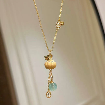 Pure Silver S925 Brushed Craft Pumpkin Necklace Niche Light Luxury Jade Round Bead Brushed Gourd Necklace for Women Ins Super Fairy