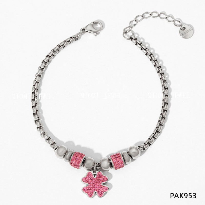 New Lucky Clover Bracelet for Women Stainless Steel Inlaid Diamond Four-Leaf Clover Bracelet Sweet Fairy Style Color-Retaining Jewelry