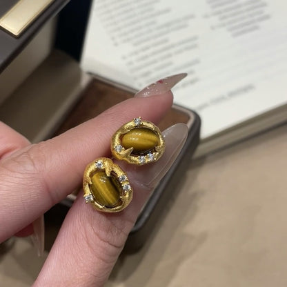 Vintage Style Brushed Craft Tiger Eye Stone Earrings Exquisite Versatile Fashionable Elegant Earrings Light Luxury High-end Feel