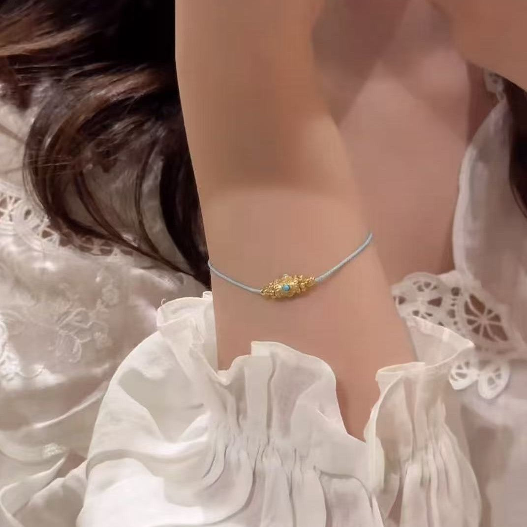 Pure Silver S925 Blue Turquoise Gold Barrel Color Rope Bracelet Necklace Set Light Luxury High-end Elegant Niche Versatile Simple