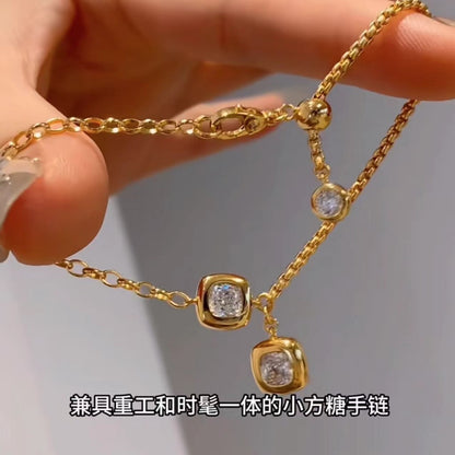 Pure Silver S925 Heavy Craft Small Sugar Cube Adjustable Bracelet High Carbon Diamond Light Luxury Style High-end Jewelry