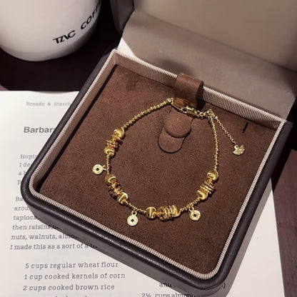 Pure Silver S925 Laser Cat's Eye Bead Gold Coin Money Multi-Twisted Bracelet Exquisite High-End Sense Elegant Versatile