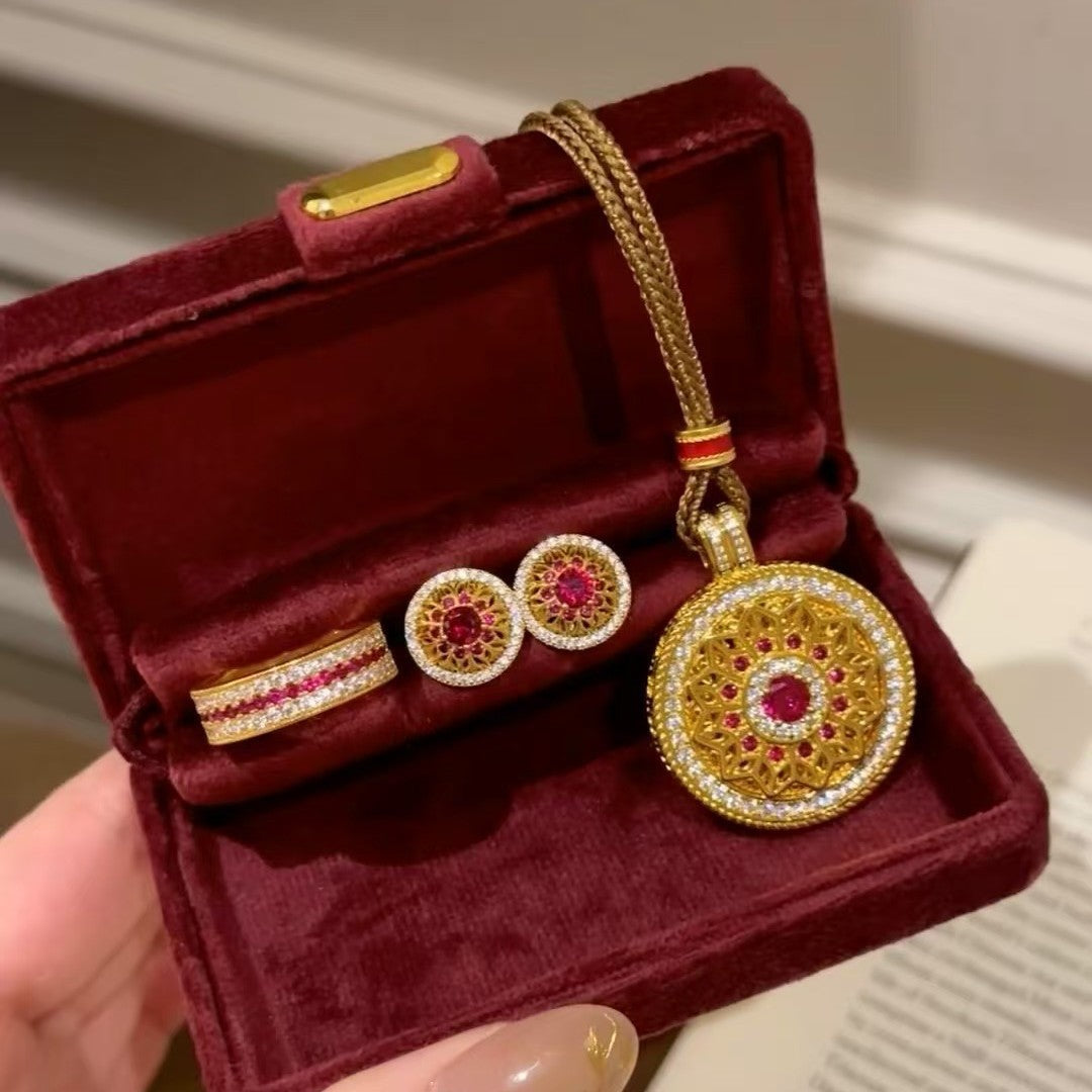 Pure Silver S925 Chinese Style Rose Window Eight Treasures Compass Brown Rope Sweater Chain New Year Series