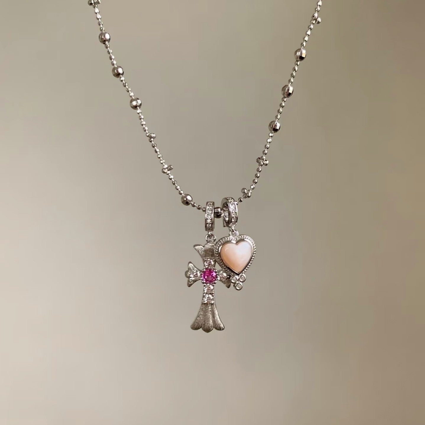 Sterling Silver S925 Brushed Craft American Retro Cross Heart Necklace Niche Design Light Luxury High-end Feel