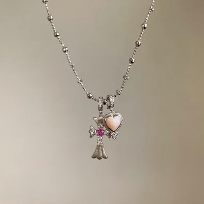 Sterling Silver S925 Brushed Craft American Retro Cross Heart Necklace Niche Design Light Luxury High-end Feel