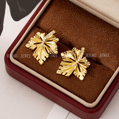 S925 Silver Needle Earrings Maple Leaf 18K Real Gold Earrings for Women Runaway Princess High-end Design Versatile Ear Jewelry
