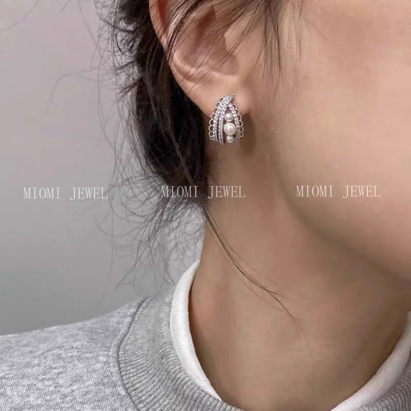 2025 Hot-Selling French Style Exquisite Full S925 Sterling Silver Lace Edge Pearl Earrings for Women High-End Delicate Ear Jewelry