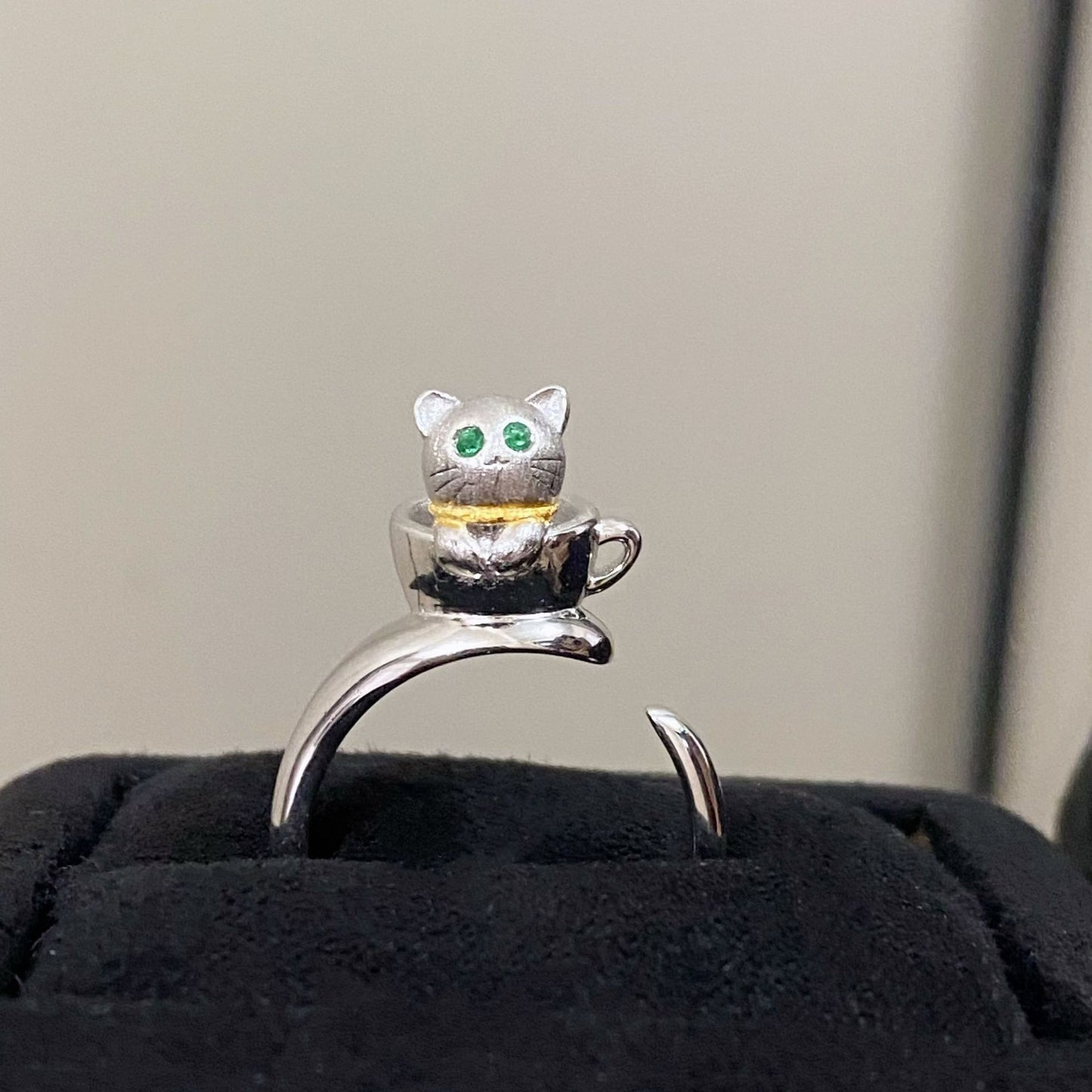 S925 Sterling Silver 3D Small Teacup Cat Ring for Women, Open Silver Ring whimsical