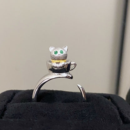 S925 Sterling Silver 3D Small Teacup Cat Ring for Women, Open Silver Ring whimsical