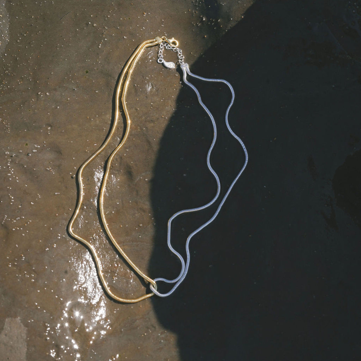 18K Gold Stainless Steel Gold and Silver Color Block Flat Snake Bone Chain Necklace INS Minimalist Style Unique Design Titanium Steel Necklace