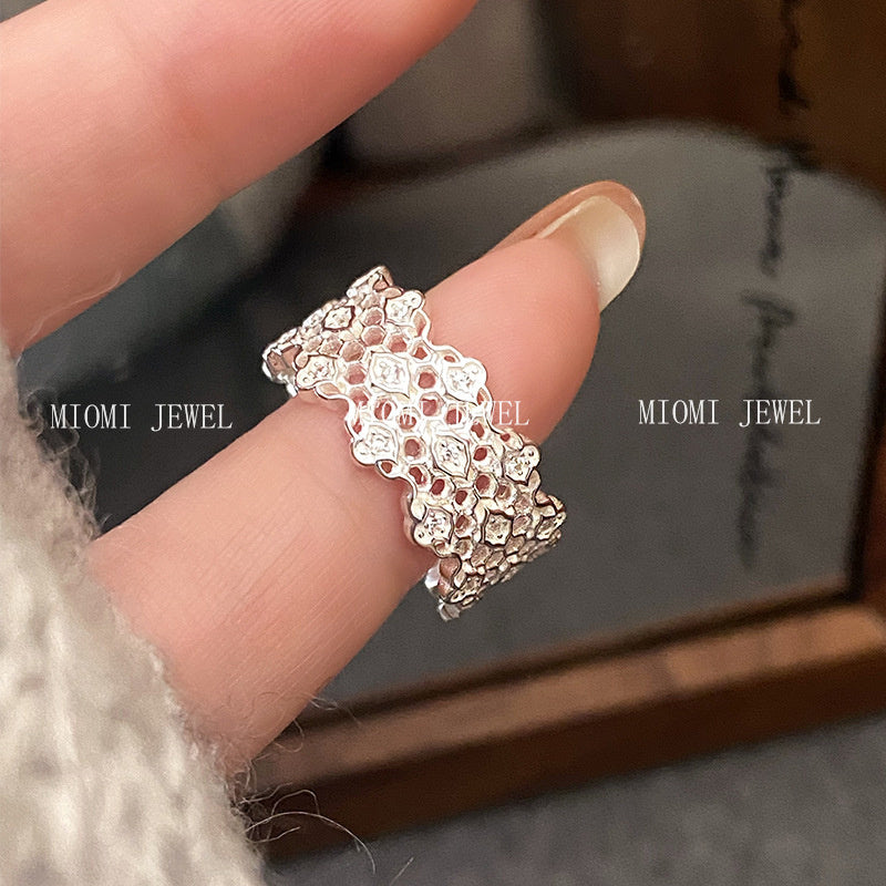 S925 Sterling Silver Irregular Hollow Diamond Ring for Women, Light Luxury, Elegant Commuting, Niche Versatile Ins Lace Ring