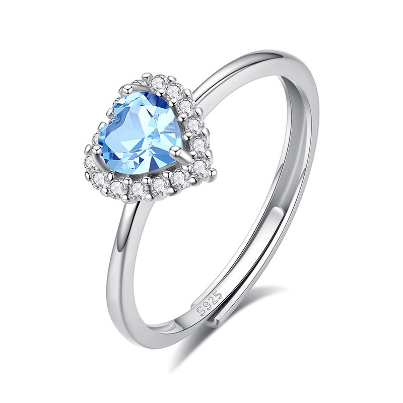 S925 Sterling Silver Ring for Women 5mm Heart-Shaped Natural Crystal Stone Ring Light Luxury High-End Classic Inlaid Jewelry