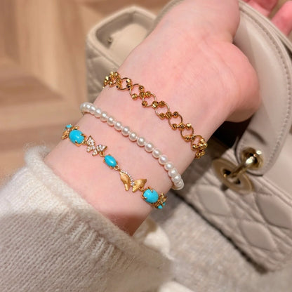 Pure Silver S925 Brushed Craft Blue Turquoise Butterfly Bracelet Vintage Court Style Light Luxury Niche High-end Versatile