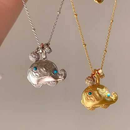 Pure Silver S925 Ethnic National Style Ancient Method Gold Elephant Turquoise Necklace Lucky Fortune Harvest Necklace Light Luxury Fashion