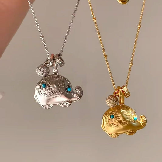Pure Silver S925 Ethnic National Style Ancient Method Gold Elephant Turquoise Necklace Lucky Fortune Harvest Necklace Light Luxury Fashion