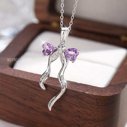 S925 Sterling Silver Ribbon Bow Necklace for Women Korean Style Natural Crystal Stone Niche Topaz Pendant for Women
