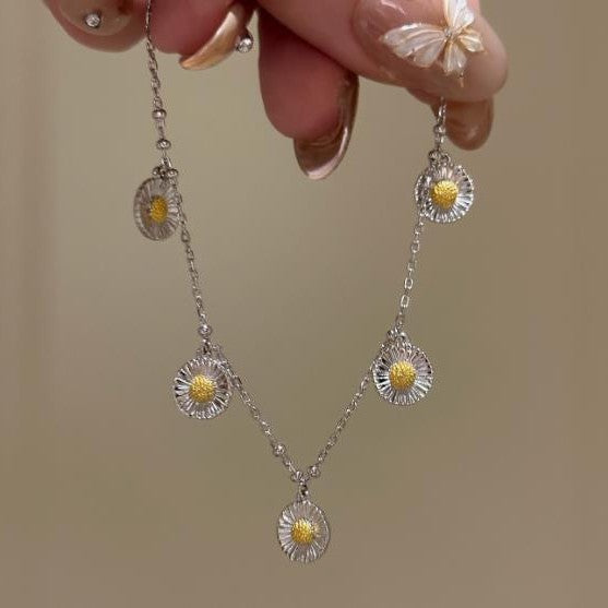Sterling Silver S925 New Vintage Summer Daisy Necklace Bracelet Set Light Luxury High-end Retro