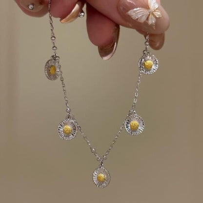Sterling Silver S925 New Vintage Summer Daisy Necklace Bracelet Set Light Luxury High-end Retro