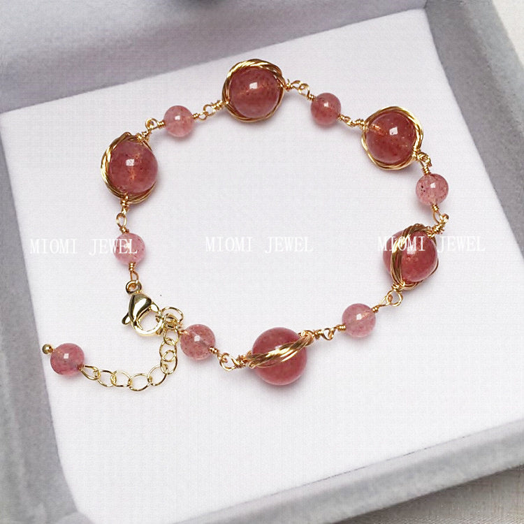 Strawberry Crystal Bracelet Pigeon Blood Red Strawberry Crystal 14K Wire Wrapped Braided Bracelet Color Retention Women Crystal Gift