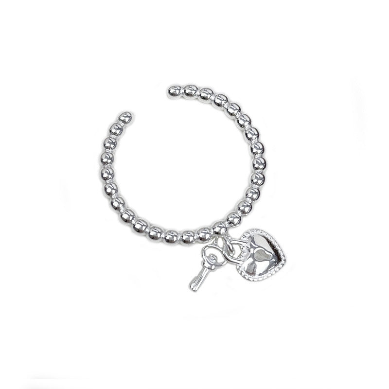Real Shot S925 Sterling Silver Sweet Heart Key Ring for Women, Ins Niche Design, Simple Round Bead Open Index Finger Ring