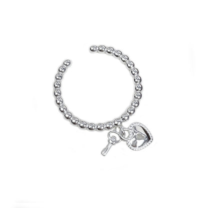 Real Shot S925 Sterling Silver Sweet Heart Key Ring for Women, Ins Niche Design, Simple Round Bead Open Index Finger Ring