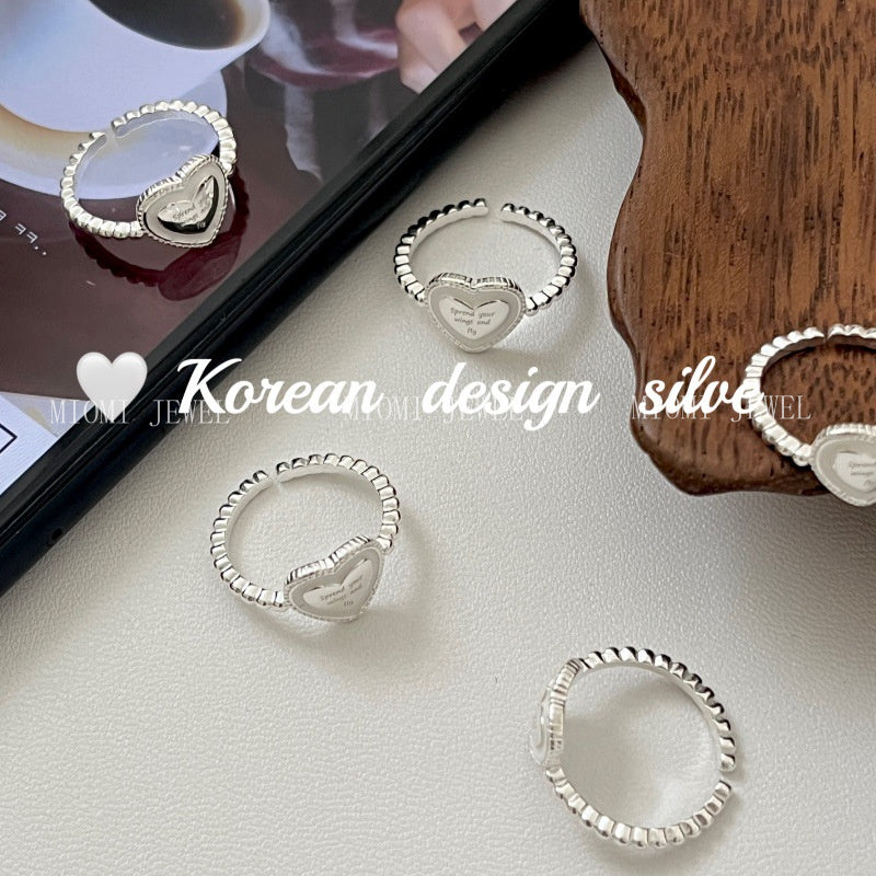 Korean Style Blogger Same Style Jewelry S925 Sterling Silver Heart English Resin Ring Niche High-end Open Ring