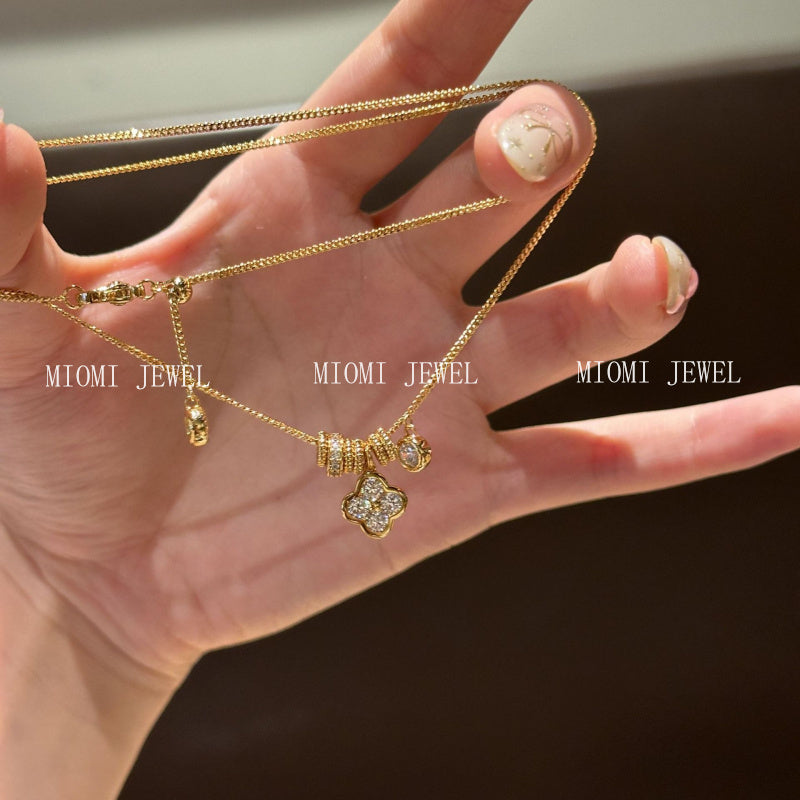 S925 Sterling Silver Circle Running Ring Four-Leaf Flower Necklace Fashion Versatile Niche Collarbone Chain for Women