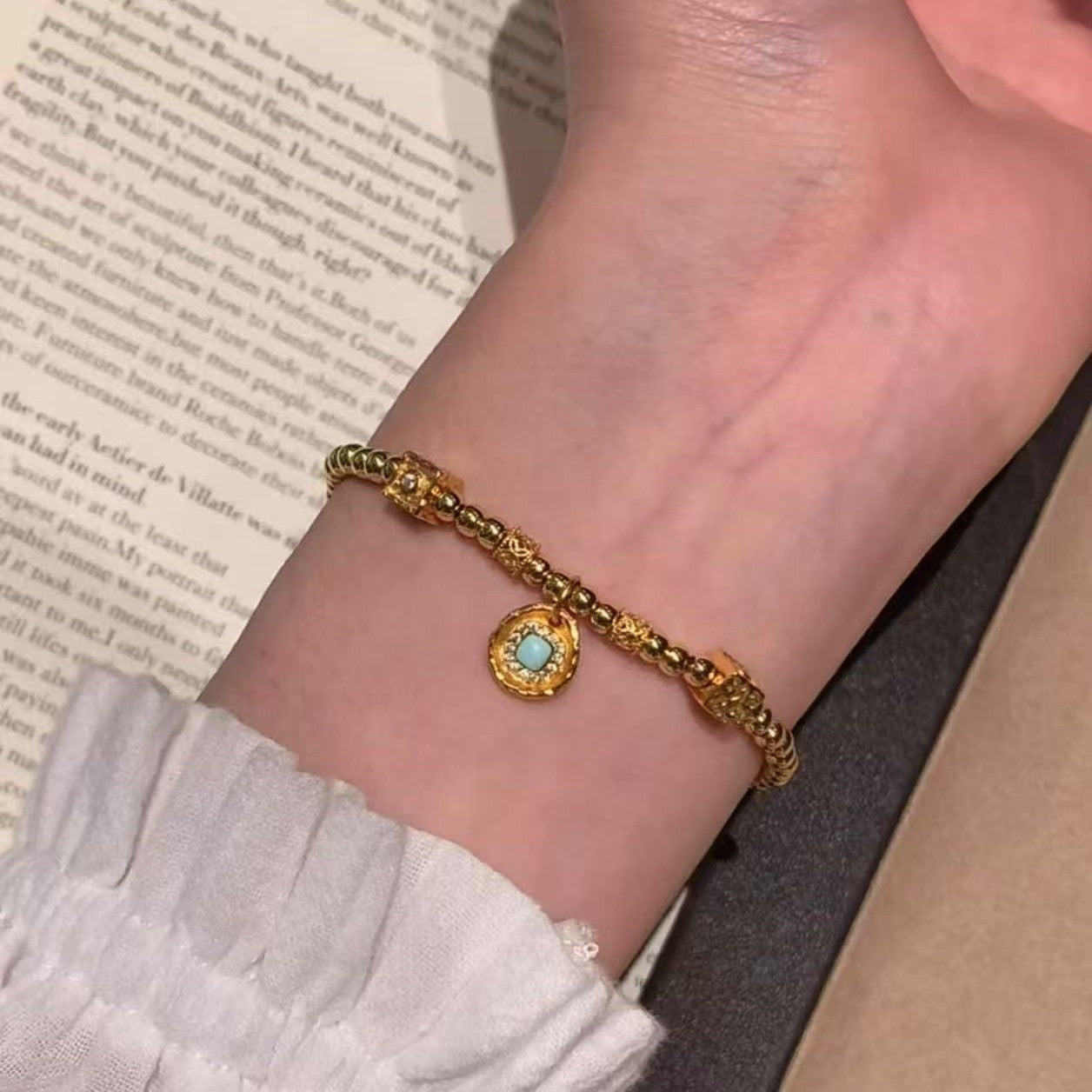 Pure Silver S925 Blue Turquoise Coiled Bracelet Simple Niche Style Fashionable Versatile Jewelry Beads