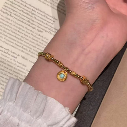 Pure Silver S925 Blue Turquoise Coiled Bracelet Simple Niche Style Fashionable Versatile Jewelry Beads