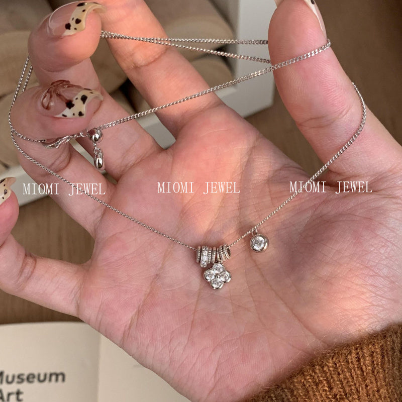 S925 Sterling Silver Circle Running Ring Four-Leaf Flower Necklace Fashion Versatile Niche Collarbone Chain for Women