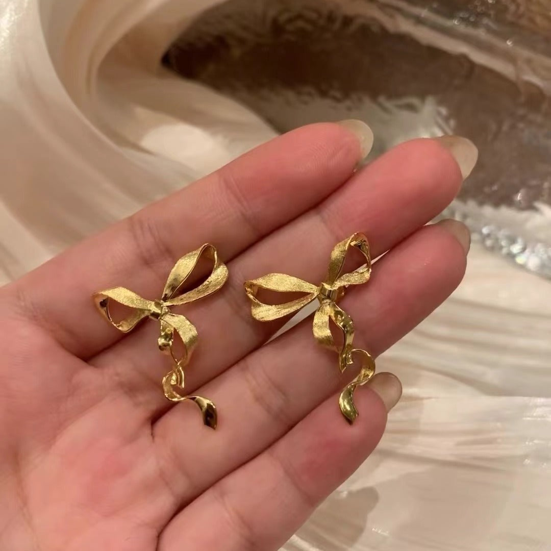 Italian Vintage Brushed Light Luxury High-End Jewelry 925 Sterling Silver Brushed Craft Forged Surface Bowknot Earrings for Women