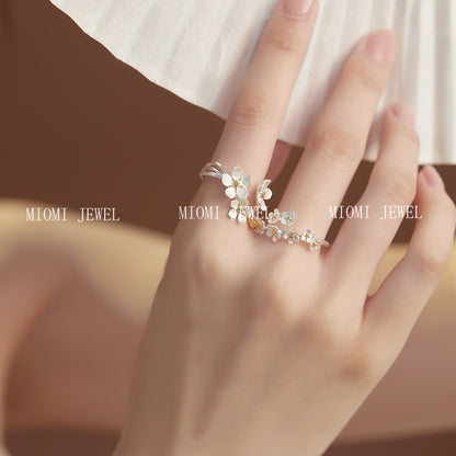 S925 Sterling Silver French Retro Palace Style Three-Dimensional Flower Iris Ring Color-Block Ancient Medieval Open Ring