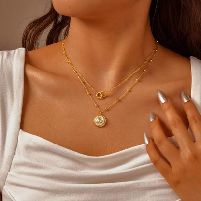 mermaid Ocean-Style Stainless Steel Bead-Separator Chain with Resin Round Pendant - Gold Beach Collarbone Chain
