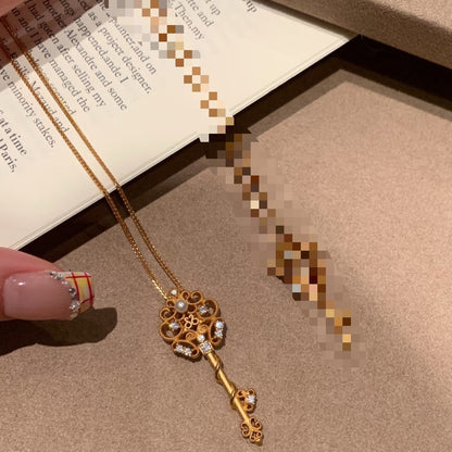 Pure Silver S925 Ancient Brushed Craft Magic Wand Key Necklace Exquisite Light Luxury High-end Niche Collarbone Chain