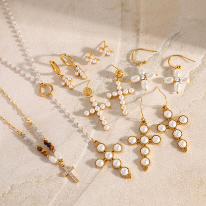 Jewelry Stainless Steel Pearl Necklace Cross Earrings High-end Ins Earrings Titanium Steel Earrings for Women