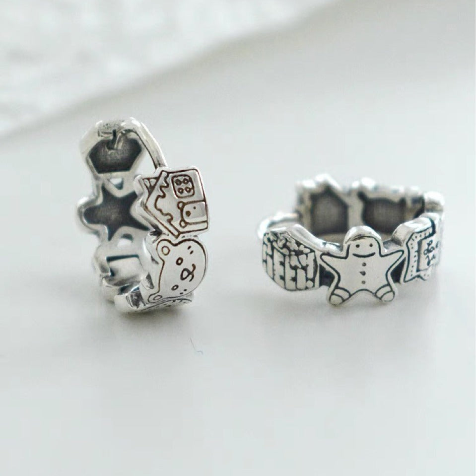 Korean Version Pure Silver 925 Vintage Cartoon Bear Circle Earrings Studs for Women Niche Trendy Personality Fashion