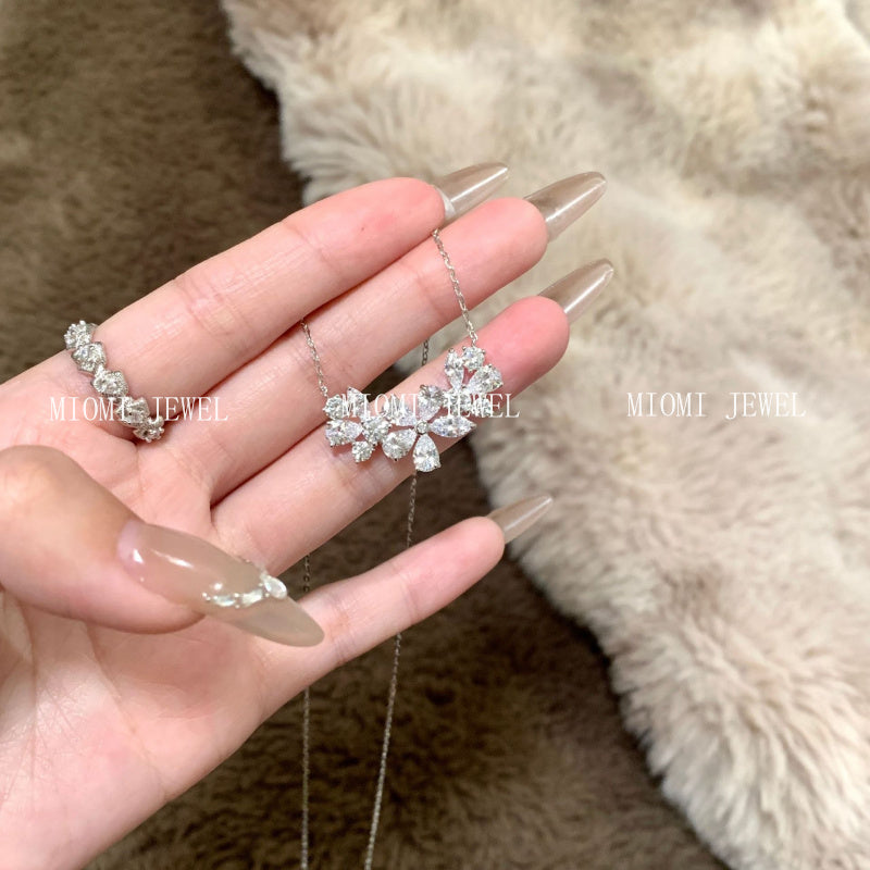 S925 Sterling Silver Full Diamond Floral Necklace Rich Elegant Noble Sense Lady Niche Design Flower Collarbone Chain