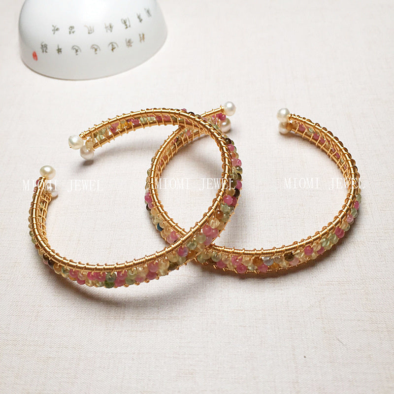 Tourmaline Bracelet 14K Gold Filled Handmade Wire Wrapping Craft Freshwater Pearl Finish Women's Stone