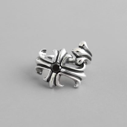 Pure Silver S925 Cross Carved Ring Japanese and Korean Trend Creative Retro Open Trendy Brand Cross Ring for Men and Women