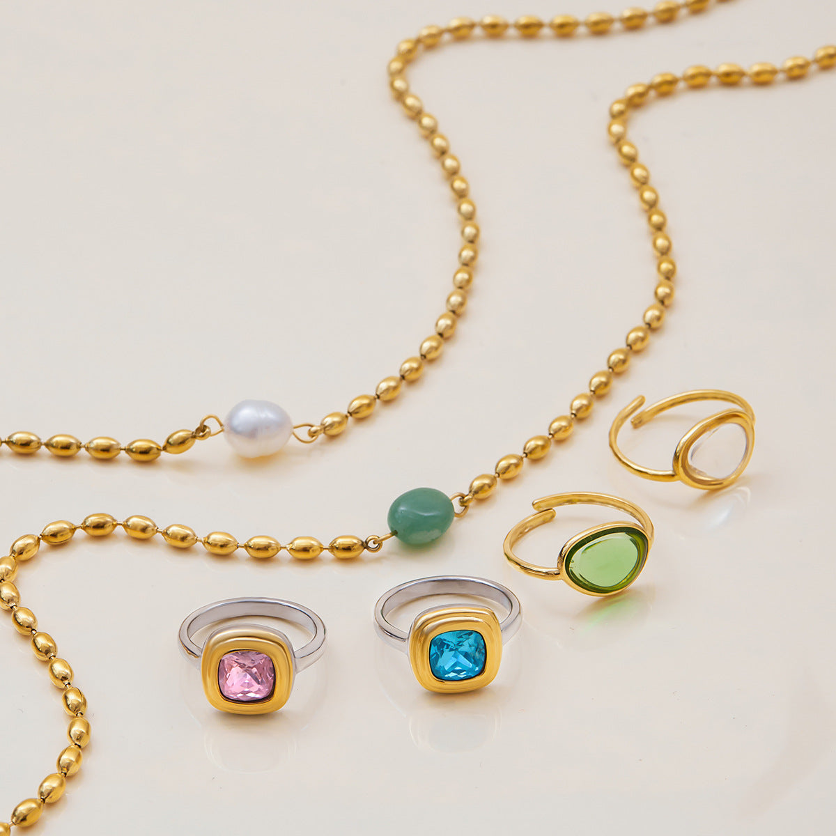 Titanium Steel Gold Bead Pearl Necklace Light Luxury Jewelry High-End Feel Stainless Steel Natural Stone Ring