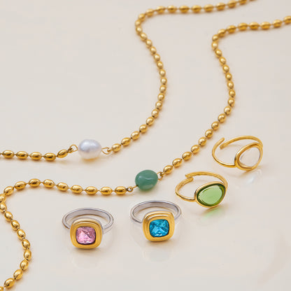 Titanium Steel Gold Bead Pearl Necklace Light Luxury Jewelry High-End Feel Stainless Steel Natural Stone Ring