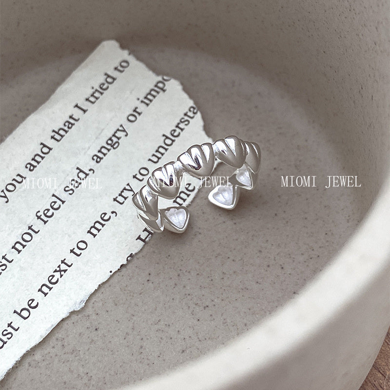 S925 Sterling Silver Three-Dimensional Heart Ring for Women Basic Versatile High-End Heavy Craft Heart-Shaped Index Finger Ring