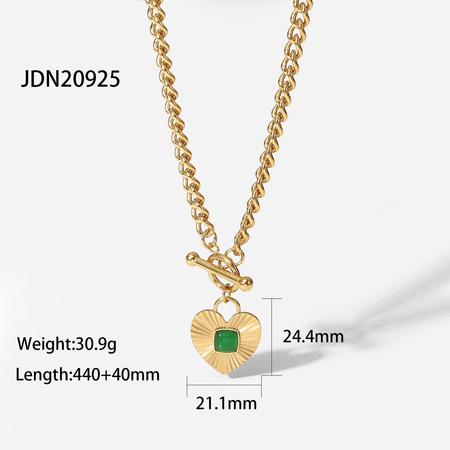 New Heart-Shaped Pendant with Green Agate OT Clasp Cuban Chain Necklace for Women Ins Internet Celebrity Style Stainless Steel Necklace