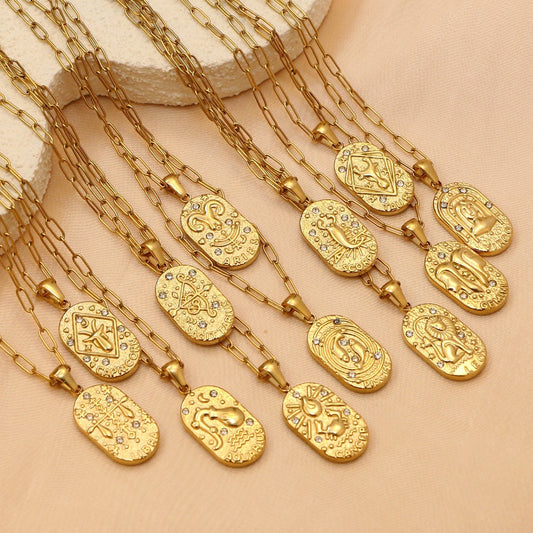 18K Gold Plated Zircon Embossed Ancient Method Pendant Zodiac Titanium Steel Necklace